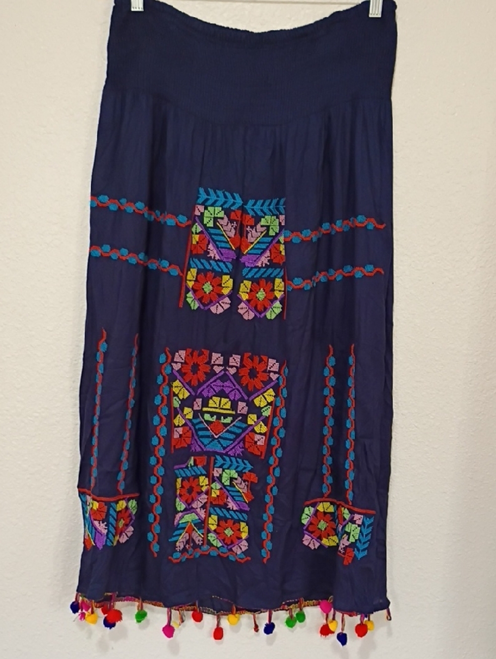 Embroidered Navy Maxi Skirt with Colorful Pom Trim